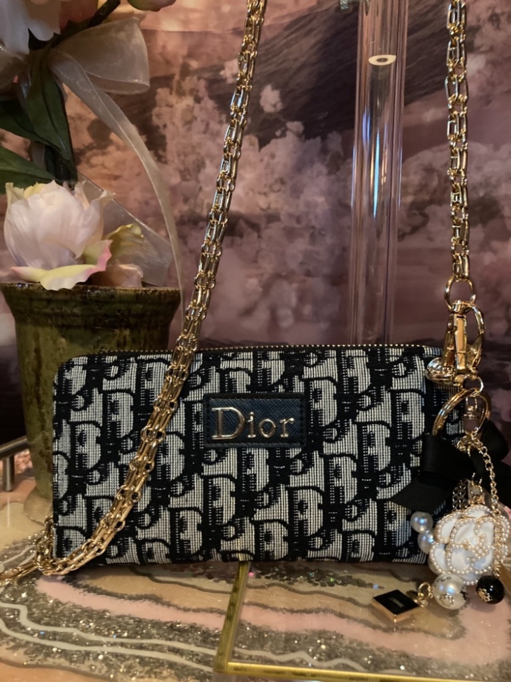 Dior Black & White Monogram Chain Crossbody Bag SALE